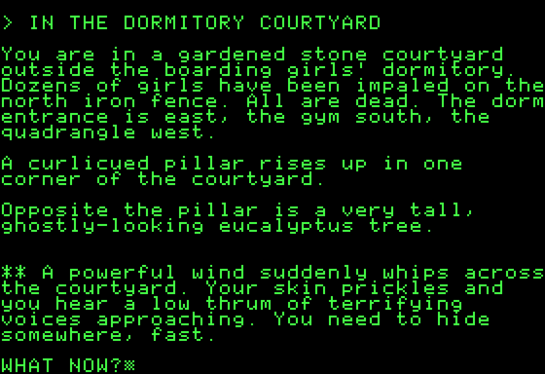 The same hiding scene in the original Leadlight running on an Apple IIe